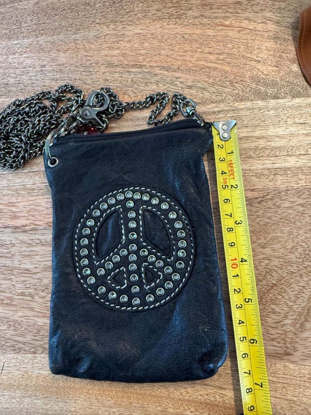 Black Studded Peace Sign Leather Crossbody Bag Y2K - Picture 2 of 5